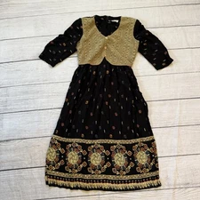 Vintage Allison-Che Beige Black Layered Vest Size 8 Midi Dress