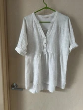 Soft Surroundings Boxy Mandrin Collar Short Sleeve Lightweight V-Neck Top Large