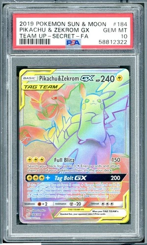 POKEMON PIKACHU & ZEKROM GX 2019 SUM TEAM UP-SECRET-FA #184 PSA 10