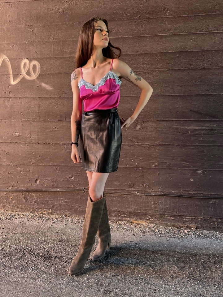 Minifalda de cuero vintage años 80 YSL Yves Saint Laurent-XS-Negro-rive gauche Foto 4 de 4