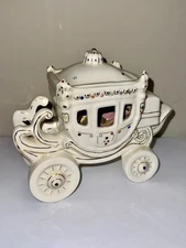 Antique White Porcelain Gold Trim Rhinestone Carriage with Doll