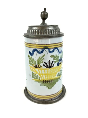 antiker Fayence Walzenkrug Schrezheim 1. ½ 19. Jh. Stuttgarter Zinnmarke Blumen - Bild 1 von 4