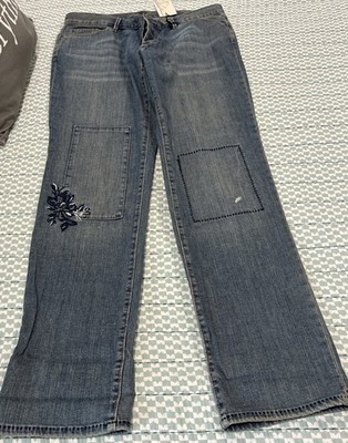 NWT Eddie Bauer Boyfriend Jeans Relaxed Patch Embroidered Button Fly Size 10 L32