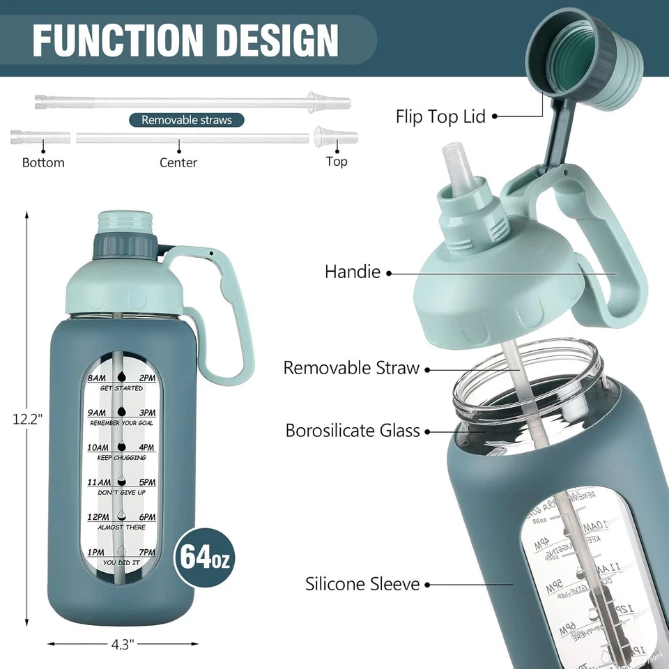 Botella de agua de vidrio portátil de 64 oz con pajita y tapa a prueba de fugas - esencial para exteriores Foto 4 de 4