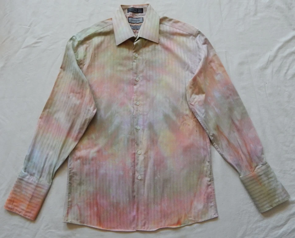 Tie Dye Green Pink Long Sleeve Dress Shirt - Medium Mens Hand Made French Cuffs - Image 3 of 4