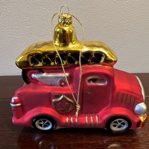 Large Blown Glass Fire Truck Christmas Ornament - Picture 3 of 7