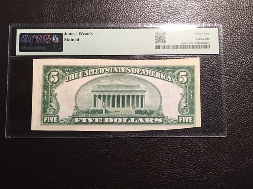 5.00 1929 National BN Mebane North Carolina PMG 53 about uncirculated stained - Picture 2 of 3