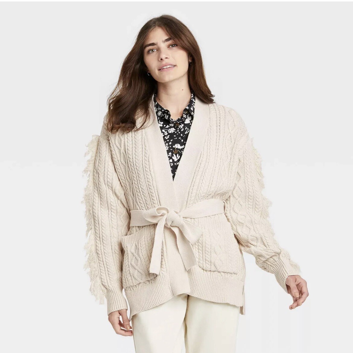 Who What Wear Sweater Women XS Off White Cable Knit Cardigan Belt Boho  Fringe 195994350849 | eBay