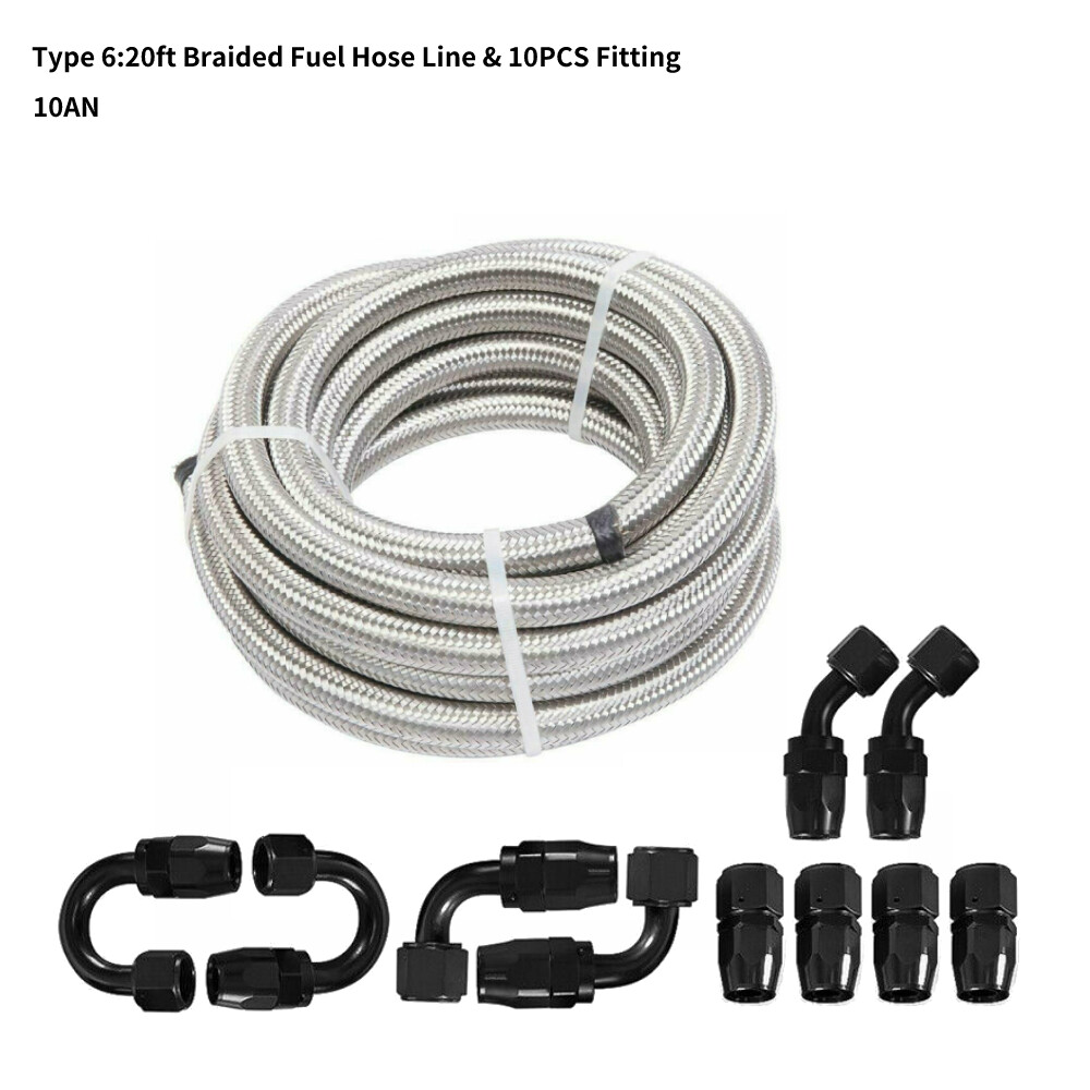10/20FT Stainless Steel Braided 6/8/10/AN Fuel/Oil/Gas Hose Line ...