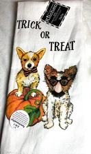 KAY DEE DESIGNS KITCHEN TOWELS (2) DOGS TRICK OR TREAT CORGI 100% COTTON NIP