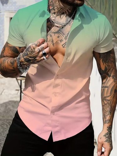Buttons Up Shirt Mens Gradient Graphic Short Sleeve Casual Classic Fit Up Dress - Foto 1 di 4