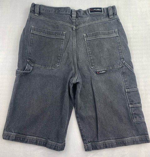 VINTAGE FUBU Shorts Mens 38 Black Collection Y2K 90s Baggy Denim Streetwear - Picture 9 of 11