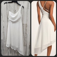 LULUS Take A Chance On Romance White Asymmetrical Swiss Dot Midi Dress Sz MEDIUM