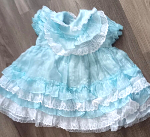 VTG Toddler Girls Party Dress Blue Stripe Nylon Sheer Lace Ruffles Circle 2T/3T