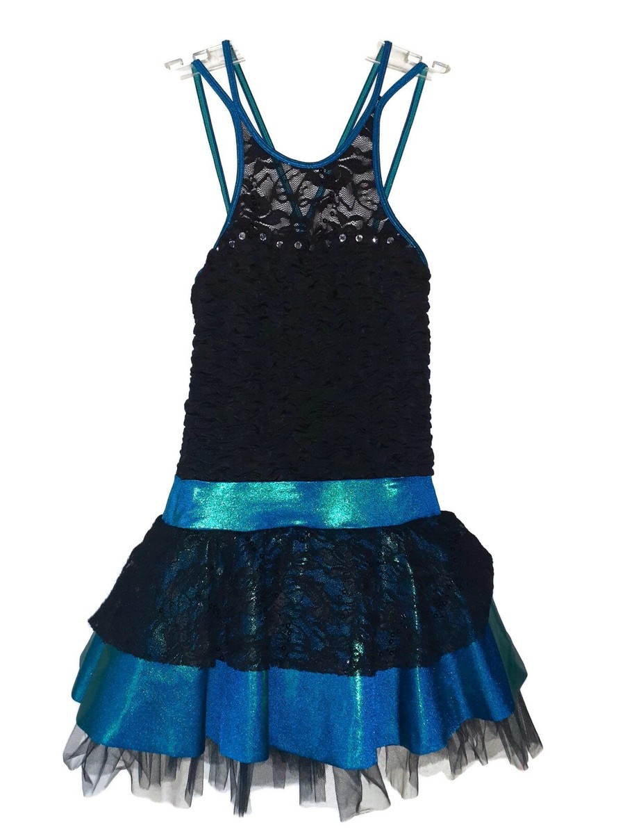 REVERENCE Size CL L Dance Costume Black Blue Rhinestones Jazz Tap