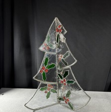 Vtg Handmade Lead Stained Glass Standing Poinsettia Christmas Trees 13  Decor