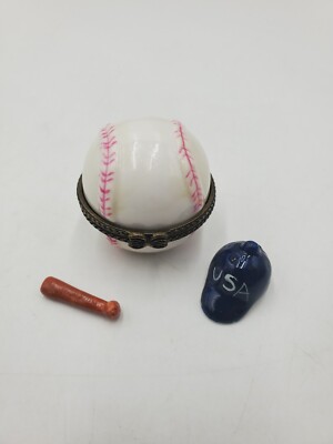 baseball 2 trinket box player porcelain hinged box baseball hat bat 