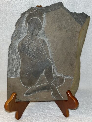 Vintage carved slate stone art plaque nude woman thinking signed Jody Wright - Picture 1 of 12