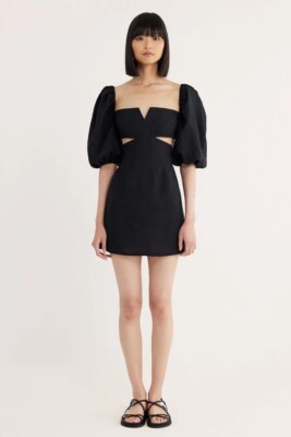 freya mini dress black Rumer the Label NWT Freya Mini Linen Puff Sleeve Cutout Dress Black Sz S  $269