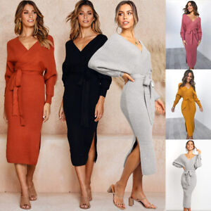 Bodycon-Party-Pencil-Long-Sleeve-Dress-Knitted-Sweater-V-Neck-Women-Ladies