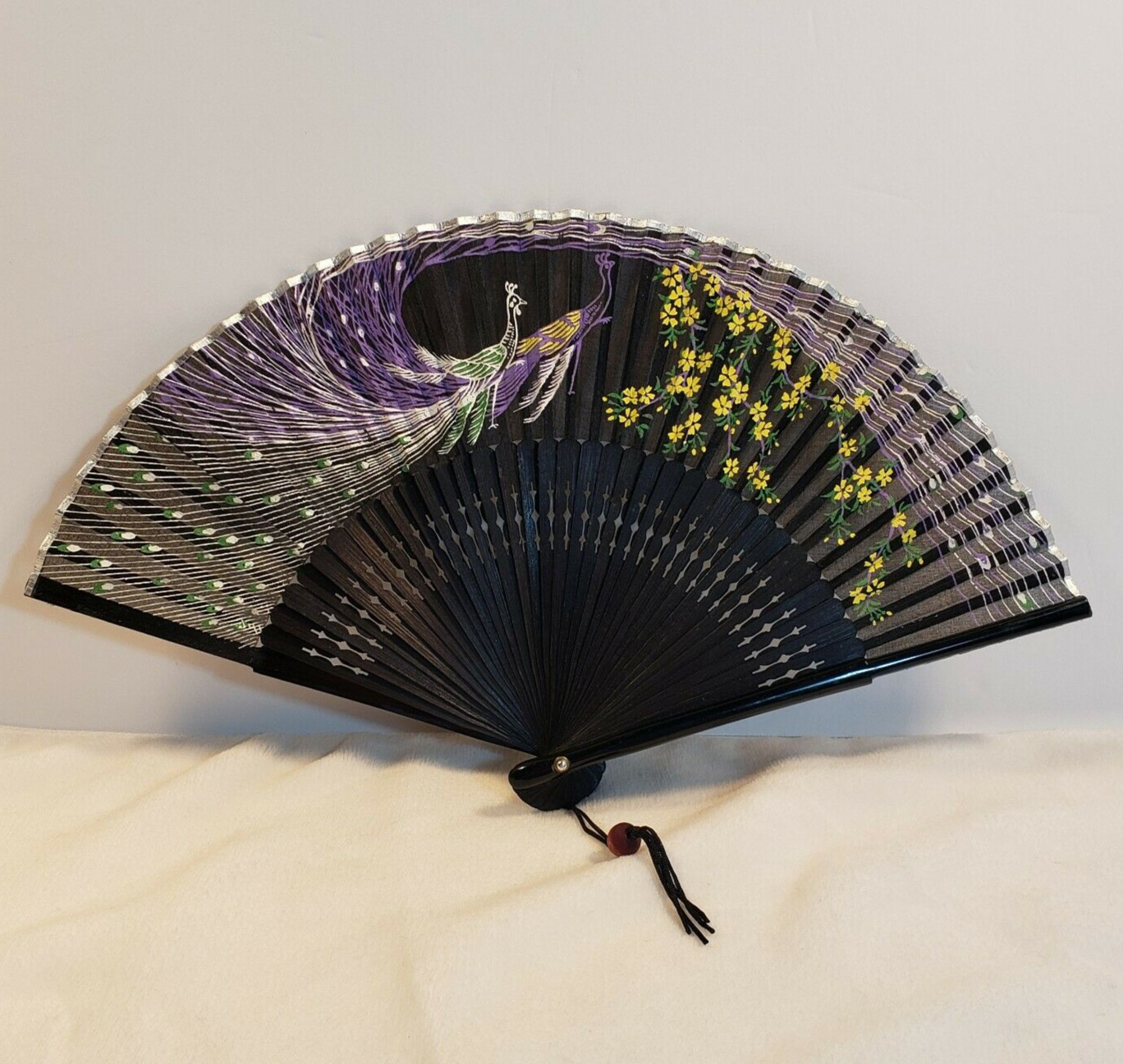 Vintage Asian Hand Held Fan Black Peacock Design Gem