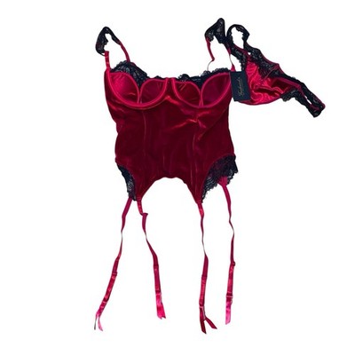NEW Frederick's of Hollywood Georgine Satin & Eyelash Edge Red & Black Corset M