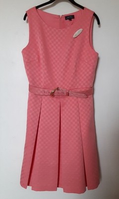 Tahari A. Levine Dress Wom. 10 Sleeveless Belt Fit Flare Folds Coral Pockets Pin