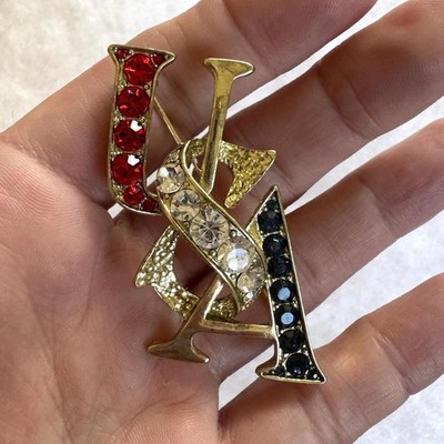 Big Rhinestone Patriotic 4th of July USA Pin Brooch Heidi Daus Red White Blue 3''