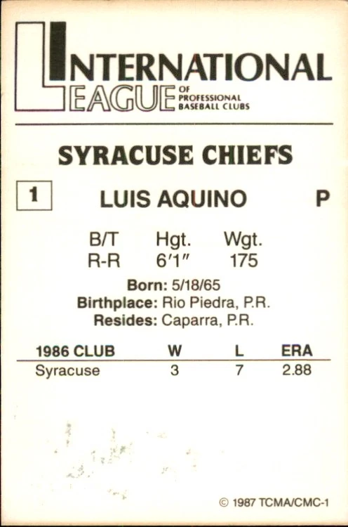 1987 Syracuse Chiefs TCMA #1 Luis Aquino Puerto Rico - NM Baseball Card - Image 2 of 2