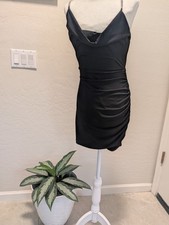Black Satin Ruched Slip Dress with Spaghetti Straps In Rhinestones. Size: S