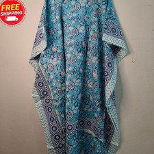 Women Blue Hand Block Print Cotton Kaftan Boho Beach Cover Up Loose Maxi Caftan