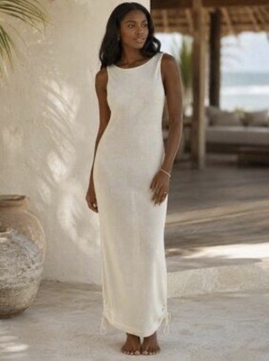 Gabrielle Union Ivory Sleeveless Maxi Knit Dress Side Drawstring XL NWOT