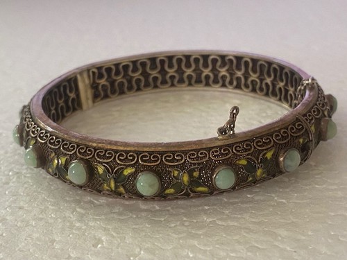Chinesischer Export Silber Armband Jade Emaille Schmetterlinge Cabochon Armreif Punze