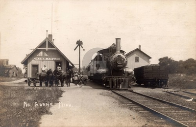 #ad North Adams MI Early 1900s Train Depot Horse Wagon Engine RPPC Postcard COPY $4.95