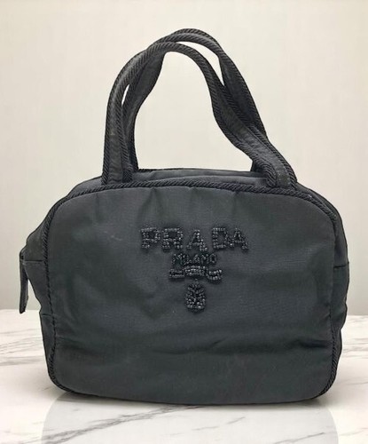 Prada Black Beaded Logo Nylon Handbag Double Top Handle Authentic Zip Closure