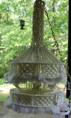 Vtg 1960s/70s Macramé White Carousel Hanging Light Ceiling Horse Plug-in Ceramic