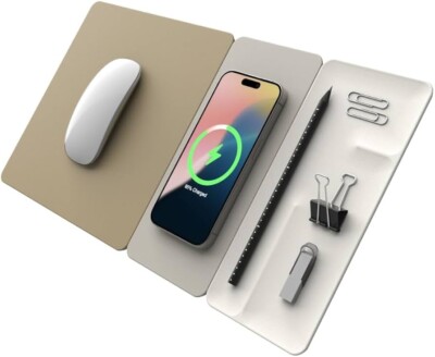 POUT Hands 3 Split Max 3-in-1 Wireless Charging Mouse Pad w/ Desk Organizer Tray