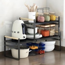 Expandable Cabinet Shelf Organizer with 2 Retractable Frames. Versatile Stackabl