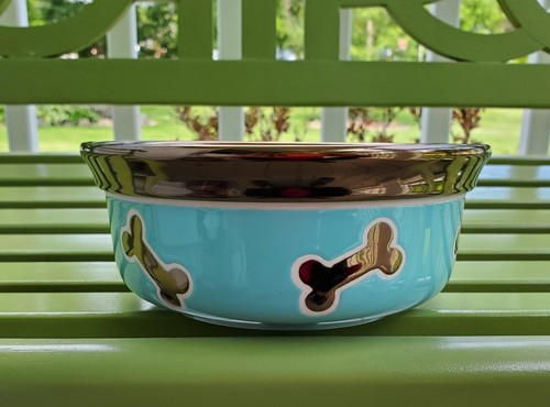 Aqua Blue Metallic Bronze Dog Bone Rimmed Food Dish Water Bowl Ceramic Stoneware - Picture 3 of 8