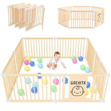 Wooden Baby Playpen, Foldable Large Fence and Play Yard for Toddlers, Adjustable