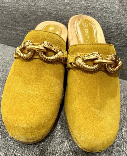 Tory Burch Size 10 Jessa Wooden Clog Natural Suede Yellow - Picture 3 of 12