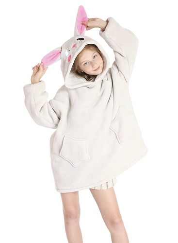 Kids 4-12 YR Wearable Oversized Hooded Cozy Flannel Sweatshirt Blanket - Rabbit - Afbeelding 1 van 7