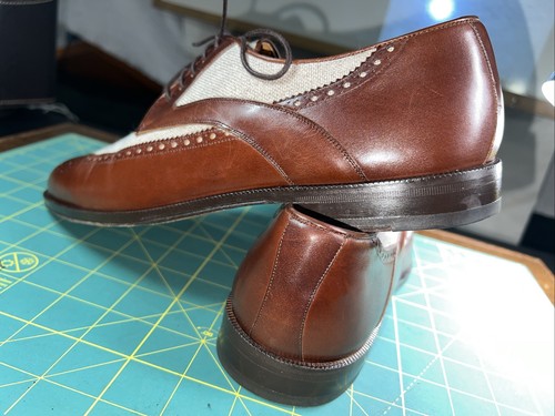 Johnston & Murphy👞Sz 9.5D Men Brown/Cream Lthr/Canvas Two-Tone Wingtip Brogue - Picture 6 of 24