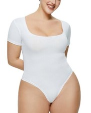 AND NOW THIS Bodysuit Women's XL White Square-Neck Cap Short-Sleeve Stretch