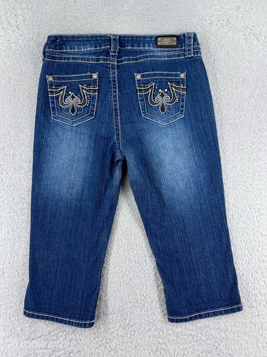 One 5 One Pants Womens 10 Blue Denim Jeans Capri Embroidered Bling