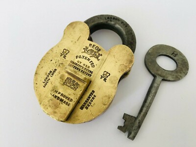  Vintage Lock Solid Brass With Key London Patented Improved Handmade Reg. Bird