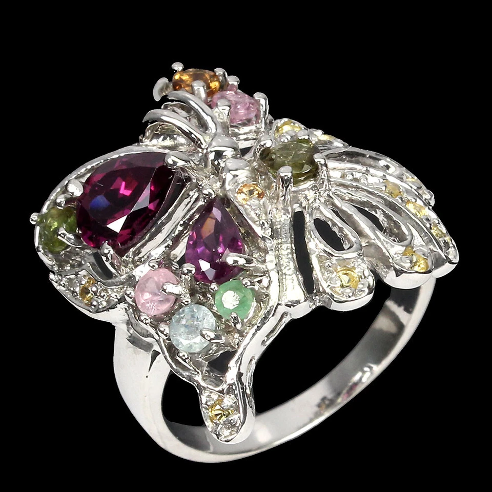 925 Sterlingsilber Birnenrhodolit 7x5mm Smaragd Edelsteine Schmetterlingsring 7 - Bild 2 von 4