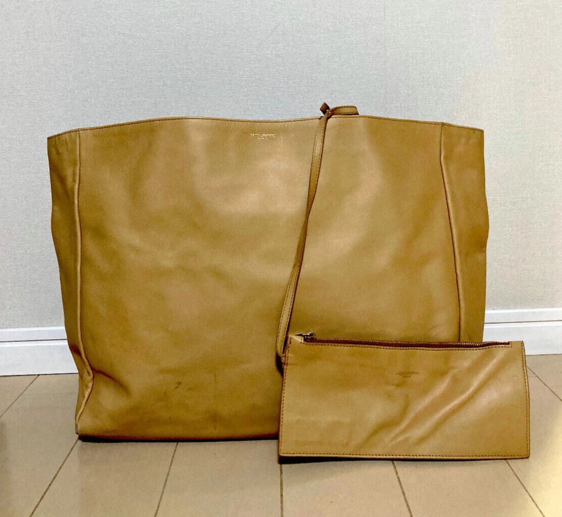 Negotiable "Exc+5 w/Pouch" SAINT LAURENT PARIS Beige Leather Tote Bag Auth