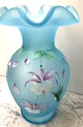 Signed S K Fenton & Artist Signed  Art Glass Satin BLUE  "Fuschia" Vase