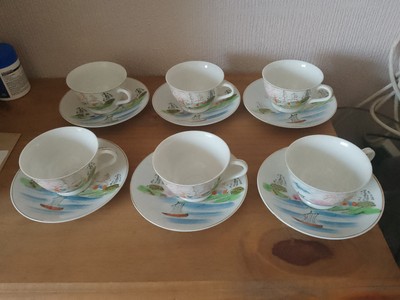 6er Set Vintage E & O Porzellan Ware ;- Japanische Szene Lithophanie Tassen & Untertassen